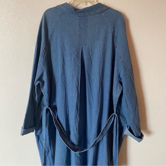 Blue Denim Maxi Trench Coat Jean Dress Jacket Womens Size 3X waist tie unbranded - Picture 6 of 12